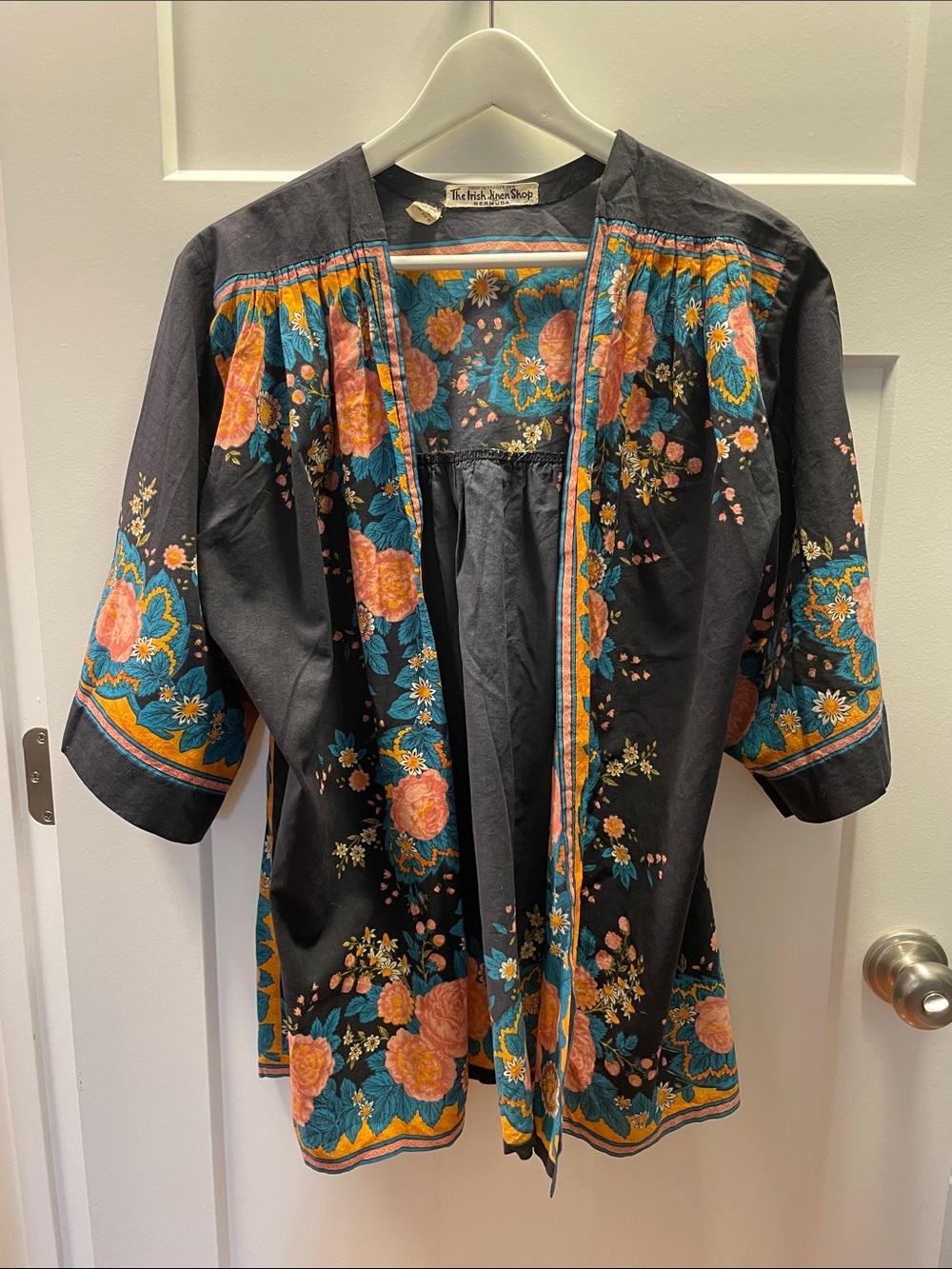 VINTAGE French Soleiado Charles Deméry Open Kimono Top Floral 100% Cotton Shirt